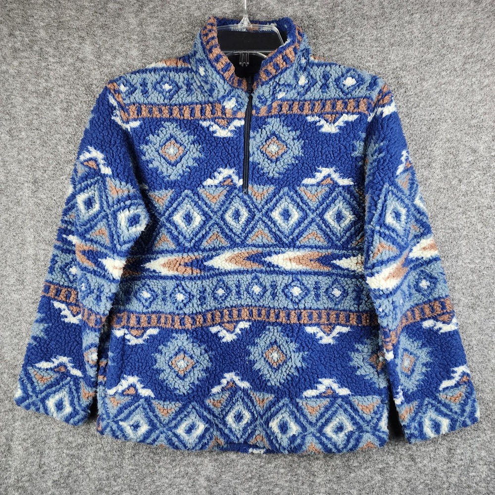 Wrangler Pullover Kids L Southwestern Blue Sherpa Quarter Zip EUC